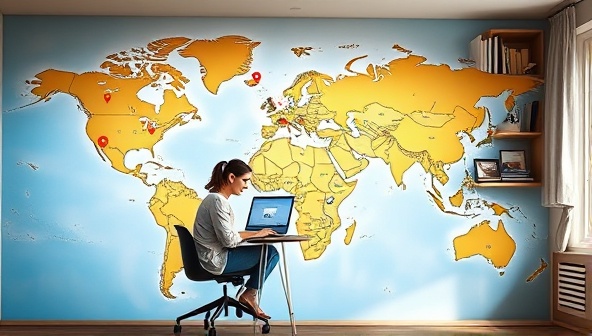 An imaginative digital map dotted with destination pins and travel icons, overlaid with a cozy home office setup featuring a travel concierge assisting a client virtually, capturing the essence of WanderWave Concierge's personalized travel planning service.
