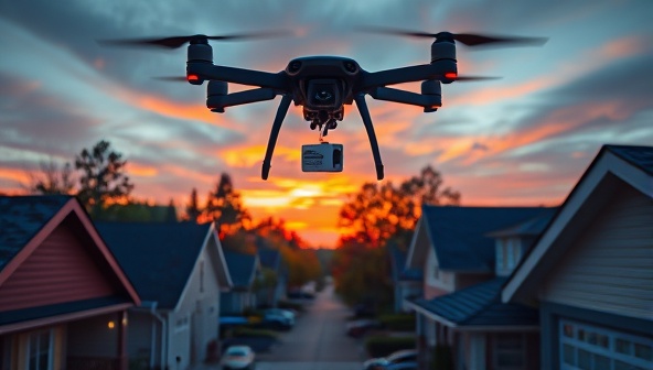An aerial view of a drone hovering above a suburban neighborhood, lowering a package to a customer's front porch, with a vibrant sunset in the background, illustrating the seamless and futuristic delivery experience provided by AirDrop Express's drone delivery subscription service.