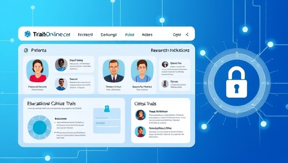 A digital illustration of the TrialsOnline Connect platform interface, featuring a user-friendly design with profiles of patients and research institutions, interactive educational resources on clinical trials, and a secure data encryption symbol, conveying trust, connectivity, and innovation in the clinical research space.