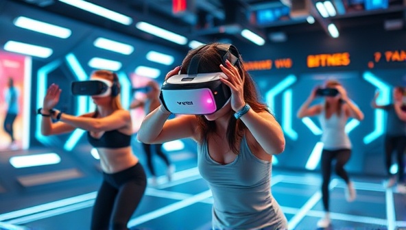 An exciting virtual reality fitness setup featuring users wearing VR headsets, engaging in a virtual workout challenge in a futuristic digital environment, showcasing the immersive and dynamic nature of VR FitZone experiences.