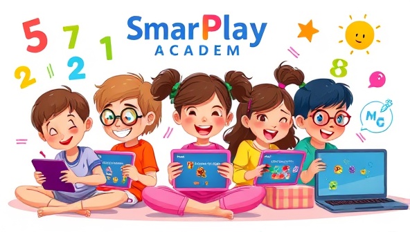 An animated scene of a group of children joyfully playing educational games on tablets and laptops, surrounded by colorful learning elements like numbers, letters, and science symbols, illustrating the engaging and educational nature of SmartPlay Academy.