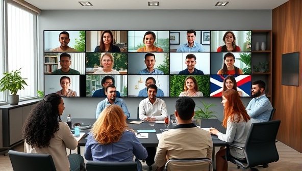 A diverse virtual meeting room with individuals from various backgrounds engaging in a constructive discussion, supported by inclusive visuals and resources, symbolizing unity and collaboration in a multicultural setting.