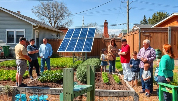 A vibrant community setting with neighbors gathering around a solar garden installation, discussing its benefits and enjoying the clean energy produced, fostering a sense of unity and sustainability within the neighborhood.