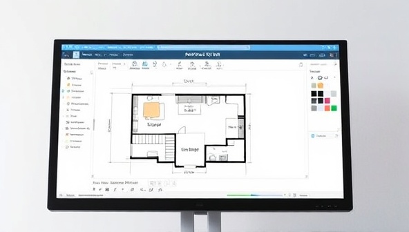 An interactive architectural drawing interface displayed on a computer screen, featuring a user designing a floor plan with drag-and-drop elements, color palettes, and measurement tools, showcasing the intuitive and creative capabilities of the ArchDraft Creator online platform.