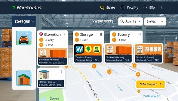 An online platform interface showing businesses easily selecting available storage spaces in different warehouses, with a map displaying the locations and availability status, illustrating the convenience of on-demand warehousing services.