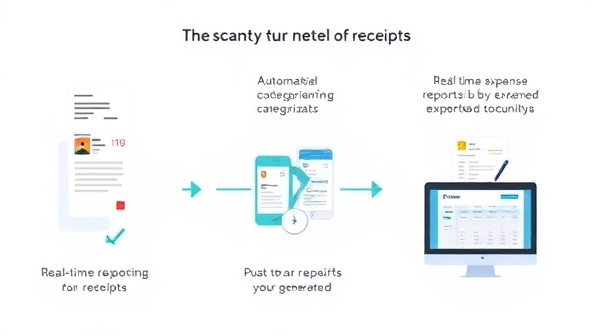 An animated infographic showing a seamless process of scanning receipts, automatic categorization, and real-time expense reports being generated, conveying simplicity and efficiency.