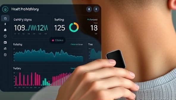 An individual wearing a sleek health monitoring wearable device, with a digital dashboard displaying vital signs and health trends in real-time, showcasing the convenience and advanced technology of the remote health monitoring service.