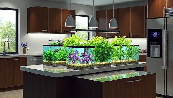 An artistic rendering of a modern kitchen with a sleek aquaponic system integrated into the countertop, showcasing a harmonious blend of fish tanks, plant beds, and water circulation, creating a visually appealing and functional indoor farming setup.