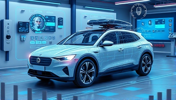 An innovative digital visualization of an autonomous vehicle being remotely diagnosed and serviced through the AutoCare AI Maintenance platform, showcasing the cutting-edge technology and predictive maintenance features tailored for self-driving cars.