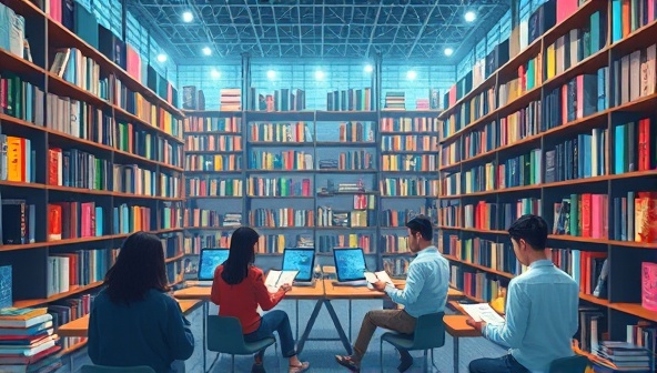 An imaginative illustration of a digital library filled with e-books of various genres, with readers immersed in their virtual reading experiences, capturing the essence of unlimited literary exploration.