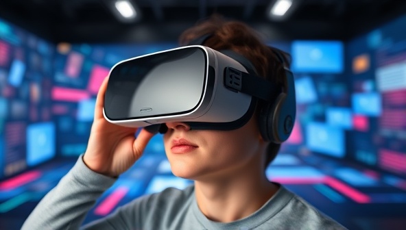 A person wearing a VR headset, exploring a visually stunning and interactive virtual world that represents a website in development, highlighting the immersive and engaging nature of VR WebForge's design experience.