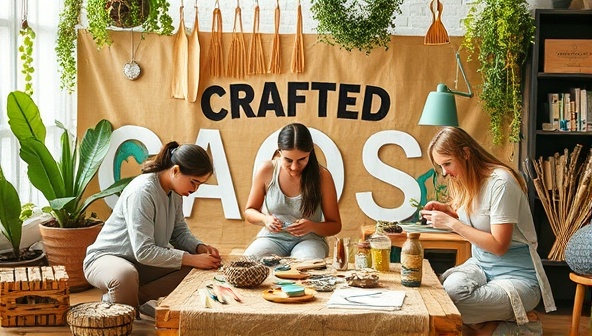 An artistic and earthy visual representation of an eco-friendly crafting workshop, featuring participants engaged in creating handmade items from recycled materials, surrounded by natural elements like plants, wood accents, and sustainable crafting tools, embodying a spirit of creativity and environmental consciousness.