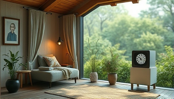 A serene virtual retreat setting with a cozy writing nook, calming background music, and a digital clock ticking away, creating a peaceful and focused atmosphere for writers to immerse themselves in their work.