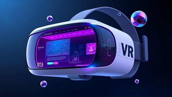 An artistic rendering of a sleek VR headset displaying a futuristic web design environment, with floating elements and interactive features, illustrating the immersive and innovative nature of VRStudioWeb's services.