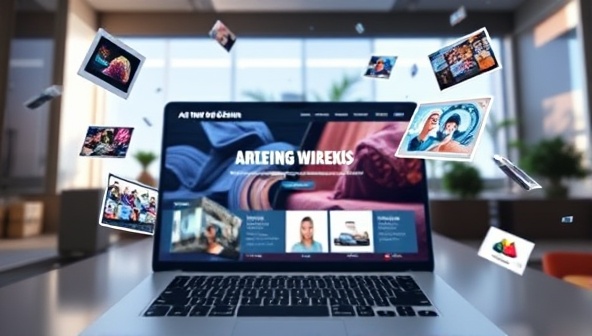 An augmented reality view of a website homepage with interactive AR elements floating in the air, such as 3D models, videos, and animations, demonstrating the immersive and engaging nature of ARWeb Fusion's website experiences.