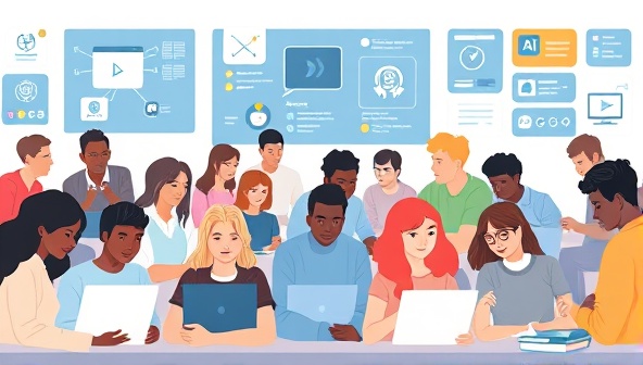 An illustration of a diverse group of students engaged in interactive online learning activities, with AI algorithms visibly optimizing content delivery for each individual, showcasing personalized education in action.