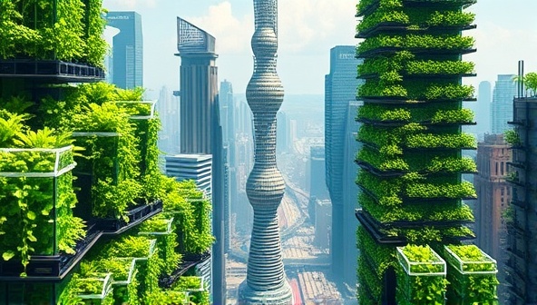 A futuristic urban landscape with skyscrapers adorned with lush green vertical farms, showcasing a sustainable and innovative approach to agriculture in the heart of the city.