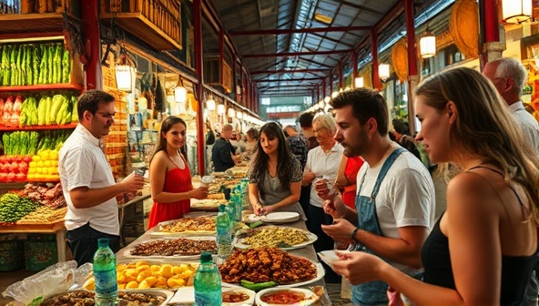 An evocative scene from a TasteQuest Expedition showcasing a bustling food market with colorful stalls, exotic ingredients, and participants engaging in a guided tasting session led by a knowledgeable culinary guide, immersing in the vibrant culture and flavors of the destination.