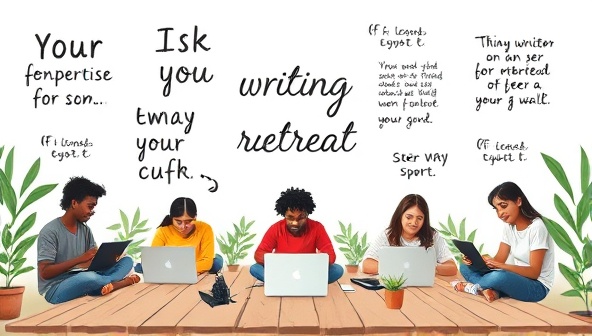 An artistic depiction of a virtual writing retreat setting with diverse participants engaging in writing activities on laptops, surrounded by inspirational quotes and natural elements, creating a serene yet productive atmosphere.