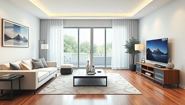 An illustration of a modern living room with smart home devices seamlessly integrated, showcasing the convenience and luxury of a fully automated home environment.