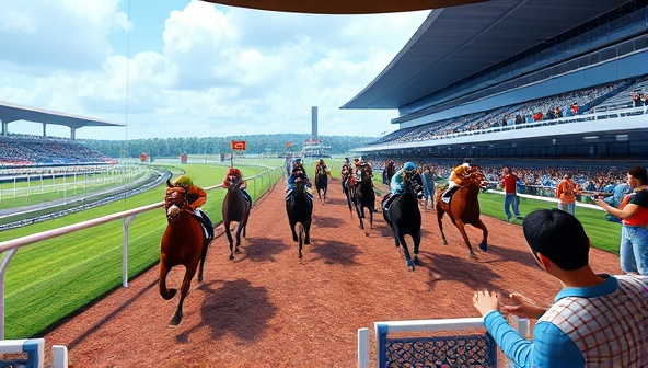 An immersive virtual reality scene featuring a digital horse racing track with animated horses, jockeys, and cheering spectators, capturing the excitement and thrill of the virtual racing league.