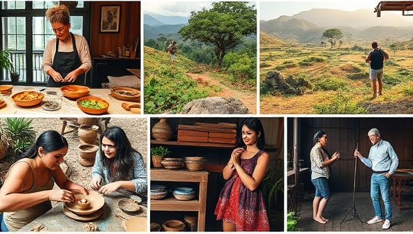 An engaging and vibrant collage of local experiences, including a cooking class with a chef, a guided nature hike with a local expert, a pottery workshop with an artisan, and a traditional music performance in a cultural setting, capturing the essence of immersive travel experiences.