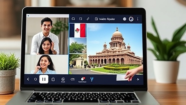 An engaging virtual language and culture immersion session displayed on a laptop screen, featuring a live conversation with a native speaker, a virtual tour of a cultural landmark, and a hands-on cooking demonstration, creating a dynamic and interactive learning environment.