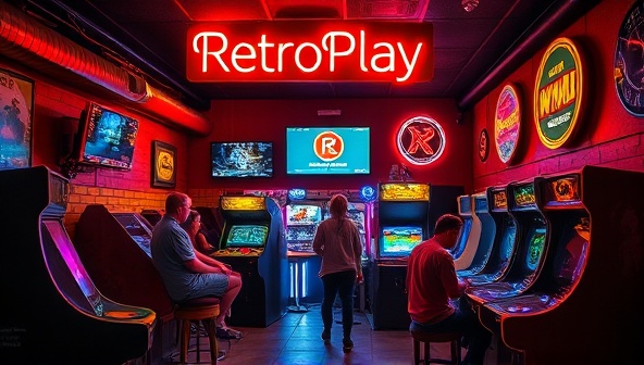 An atmospheric shot of the RetroPlay Lounge interior, showcasing a retro-themed bar area with neon lights, vintage arcade machines, and a group of friends playing classic games, evoking a sense of nostalgia and fun social gathering.