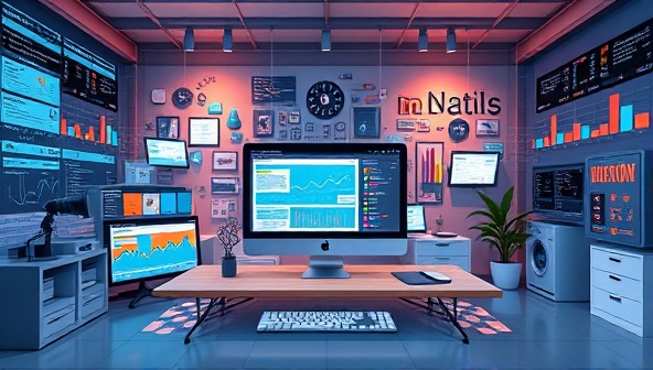 An innovative visualization of a web design studio powered by data streams, AI algorithms, and personalized user profiles, illustrating the dynamic and personalized approach of DataCraft WebWorks in transforming web design through data-driven insights and strategies.