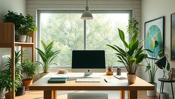 An eco-friendly virtual office space showcasing sustainable elements like recycled paper, energy-efficient lighting, indoor plants, and eco-friendly office supplies, promoting a green and environmentally conscious work environment in the online sustainability consulting realm.