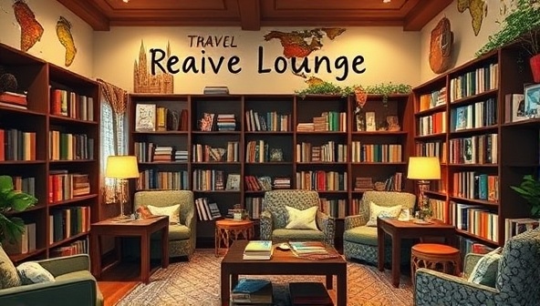 A virtual reading lounge with cozy bookshelves, travel-themed decorations, and an inviting book club setup, creating a warm and welcoming space for literary journeys and cultural conversations among global book enthusiasts.