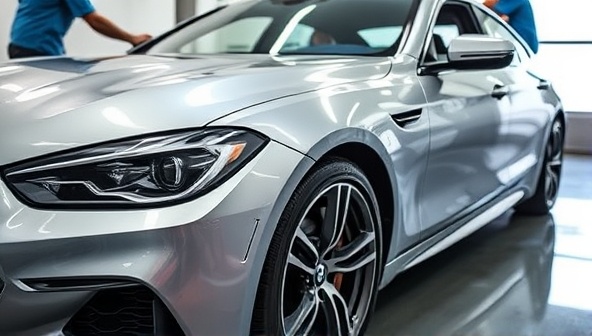 An image of a luxury car being meticulously detailed by the GleamPro Mobile team, with sparkling clean surfaces, polished rims, and a spotless interior, showcasing professionalism and attention to detail in auto cleaning.