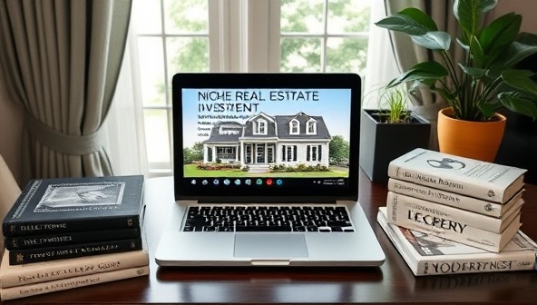 An elegant home office setup with a laptop displaying a niche real estate investment course webinar, surrounded by books on real estate investing, market trends, and property types, creating an educational and professional atmosphere for WealthyNest Academy.