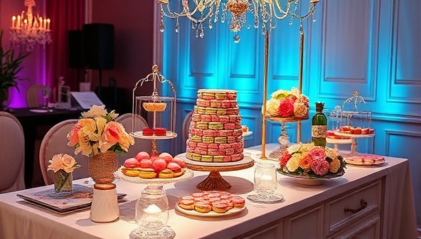 An elegant and whimsical dessert table setup at a pop-up event, adorned with colorful macarons, delicate pastries, and floral decorations, under soft ambient lighting, creating a luxurious and enchanting atmosphere for Sweet Indulgence Soirées.