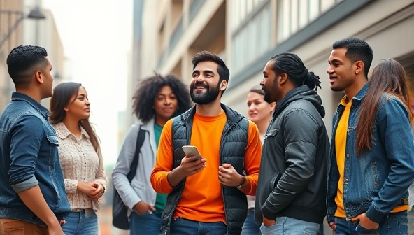 An artistic rendering of a virtual influencer interacting with a group of diverse individuals in a trendy urban setting, showcasing the futuristic and engaging nature of virtual influencer marketing.