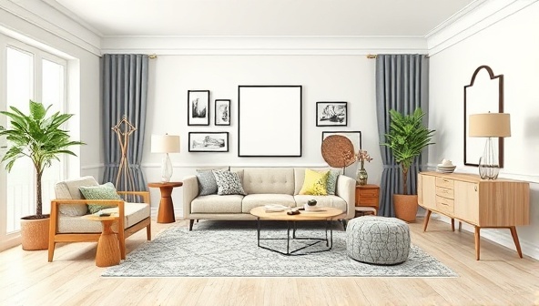 A digital collage showcasing a beautifully designed virtual room composition with various furniture pieces and decor elements coming together harmoniously, reflecting the essence of the virtual interior design consultancy.