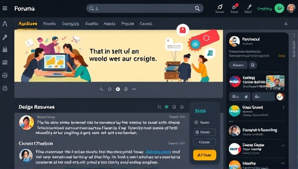 An online community forum interface showcasing vibrant design discussions, sharing of design resources, and collaborative projects among members, with colorful avatars and design elements symbolizing creativity, collaboration, and knowledge sharing within the community.