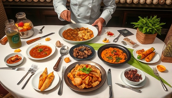 An elegant table setting with exquisite culinary dishes prepared by a chef, surrounded by local spices, fresh ingredients, and cooking utensils, evoking a sense of luxury and cultural immersion in a travel destination.