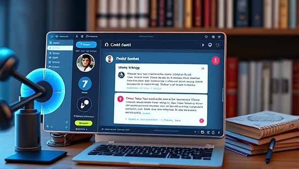 A futuristic interface display showing a virtual assistant suggesting content recommendations to a writer, with creative writing tools and books in the background, illustrating the seamless integration of AI technology in the writing process.