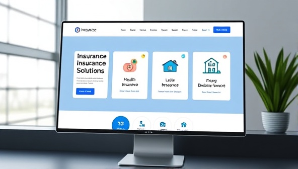 A modern, sleek website interface displaying different insurance options on a virtual screen, with icons representing health, life, property, and business insurance, conveying simplicity and expertise in insurance solutions.