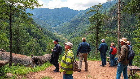 A scenic view of an eco-tourism expedition in a reforested mining area, with visitors participating in guided tours, wildlife observation, and educational workshops, highlighting the harmony between nature conservation and responsible mining practices promoted by EcoMine Expeditions.