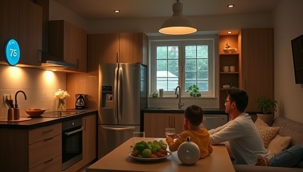 An inviting kitchen scene with modern energy-efficient appliances, illuminated by energy-saving LED lights, a smart thermostat controlling the temperature, and a family enjoying a sustainable and comfortable living environment, reflecting modernity and eco-consciousness.