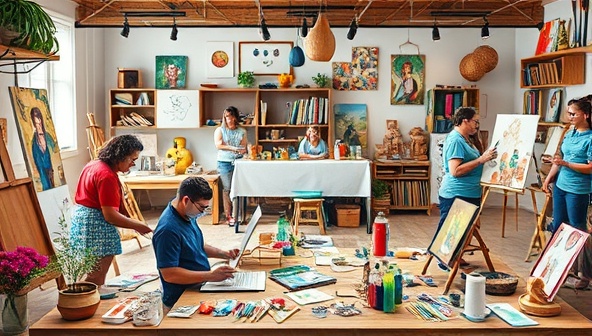An online artistic workshop setting with various artists and participants engaging in creative activities like painting, crafting, and sculpting, surrounded by colorful art supplies and tools, showcasing the vibrant and collaborative nature of the virtual art workshop marketplace.