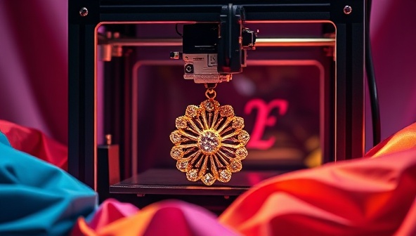 An elegant 3D printer crafting a bespoke fashion accessory, surrounded by a palette of vibrant colors and luxurious materials, capturing the essence of personalized fashion and cutting-edge technology.