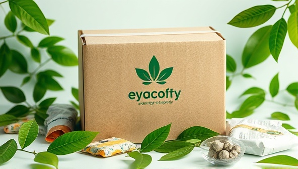 An artistic depiction of a customized biodegradable packaging box adorned with a company logo, surrounded by vibrant green leaves and recyclable materials, symbolizing sustainability and eco-conscious branding.