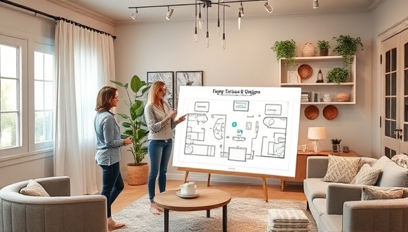 An immersive digital visualization of a virtual interior design consultation session, featuring a designer presenting a detailed room layout plan and mood board to a client, surrounded by inspiring decor samples, fabric swatches, and furniture options, creating a virtual design studio experience in a cozy home setting.