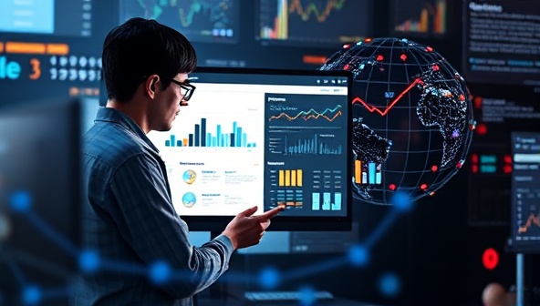 A web designer analyzing a dashboard filled with real-time user data and engagement metrics, adjusting website elements and content based on personalized insights, surrounded by a digital data-driven world symbolizing the innovative and dynamic nature of DataCraftDesign's web personalization platform.
