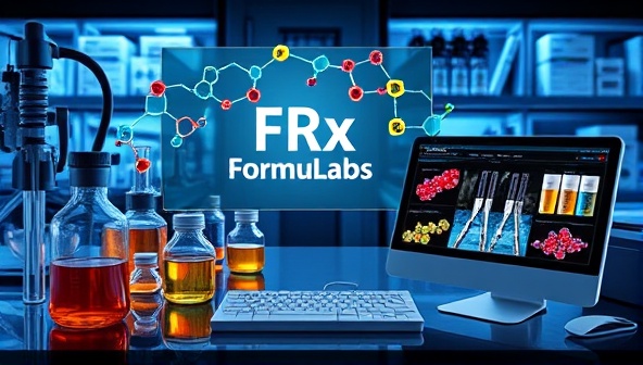 An artistic depiction of the FormuLabs Rx consultancy platform assisting pharmaceutical professionals in formulating drug solutions, with scientific equipment, molecular structures, and innovative formulations displayed on digital screens, illustrating the cutting-edge drug formulation consultancy services offered online.