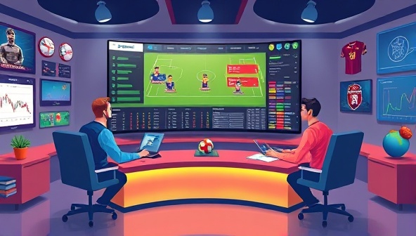 An illustration of a virtual sports analysis studio with analysts discussing betting strategies and predictions on a large screen, surrounded by sports memorabilia and data charts, conveying a professional and informative atmosphere synonymous with the premium insights offered by BetInsight Pro.