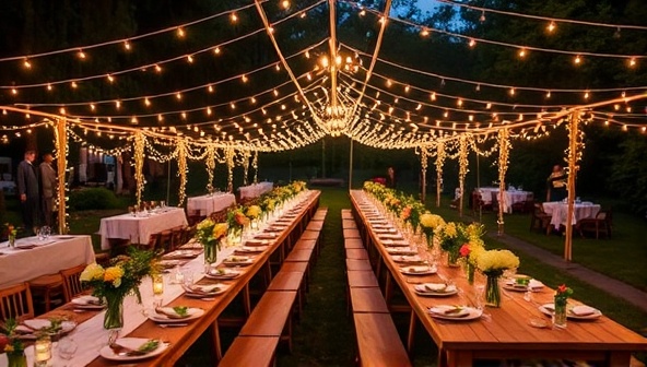 An outdoor dining setup under a canopy of fairy lights, with long communal tables adorned with fresh floral arrangements and plates of colorful farm-to-table dishes, creating a magical and sustainable dining atmosphere at a GreenPlate Experiences event.